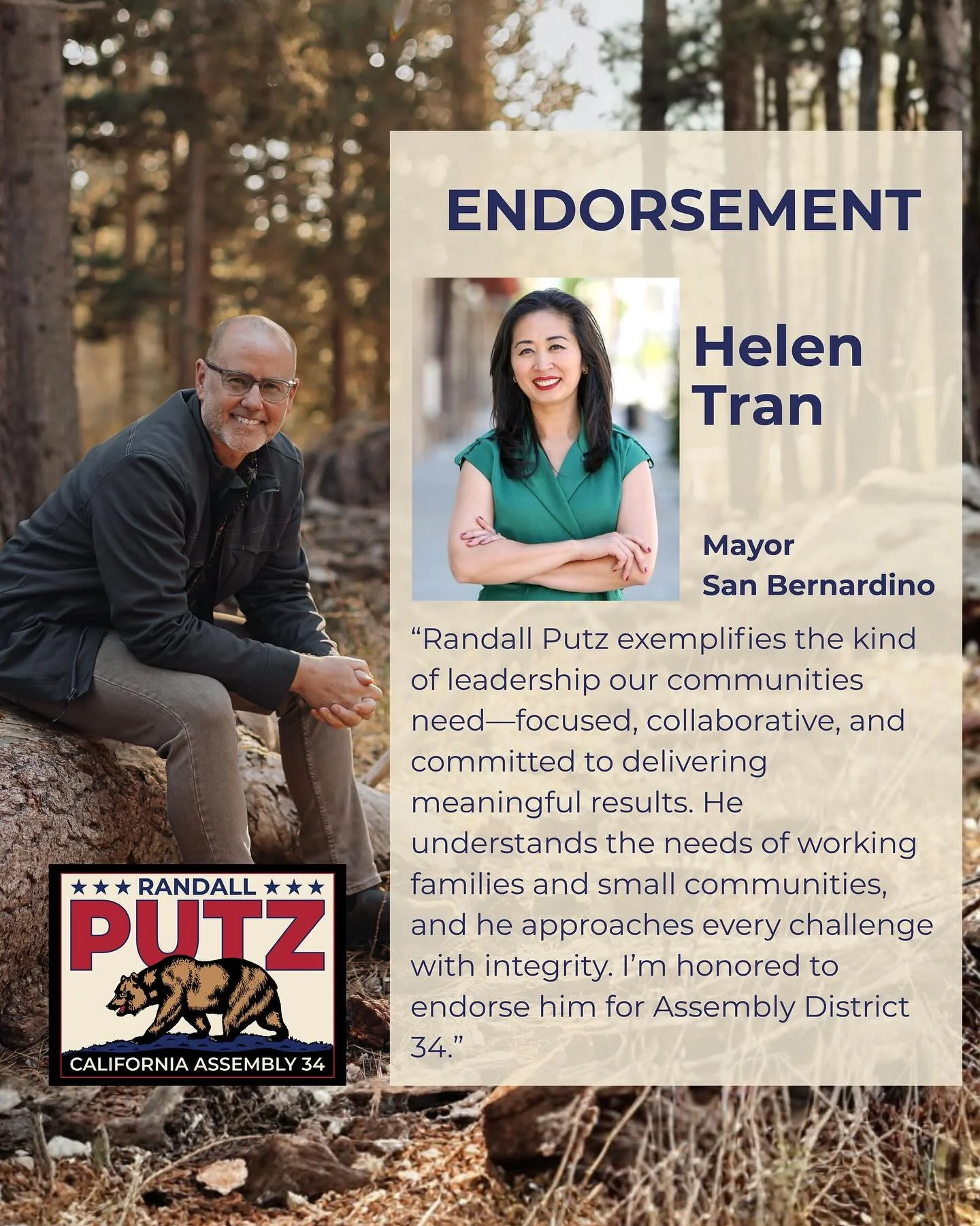 It is my honor to have the endorsement of San Bernardino Mayor Helen Tran! She is a dedicated leader who has proven herself as a dedicated advocate for the city she serves, and understands as much as anyone the difficulty of navigating growth in an a