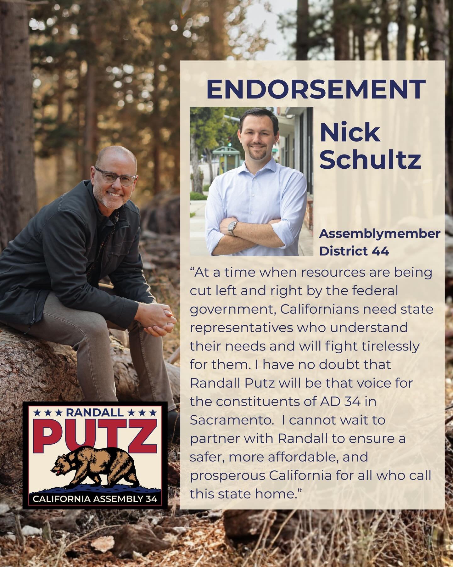 I&rsquo;m proud to have the endorsement of Assemblymember Nick Schultz, and look forward to the opportunity to work with him to address the needs of District 34!