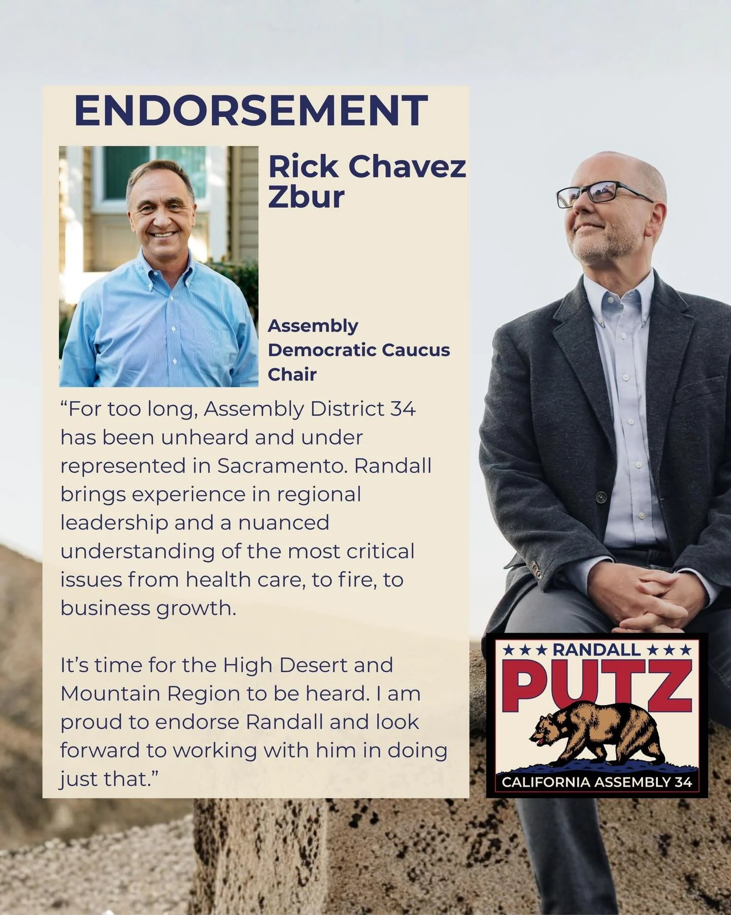 I am honored to have the support of Assembly Democrats Caucus Chair Rick Chavez Zbur. For decades he was at the forefront of protecting our environment before turning his talents to protecting our equal rights. 

To have the support of leadership is 