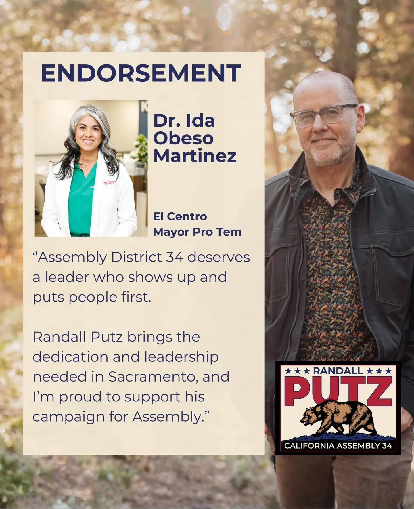 Thank you to Dr. Ida for her support of my campaign. It has been a pleasure to work with her over the years, and I am confident that together we can bring much needed change to California and our constituents.
