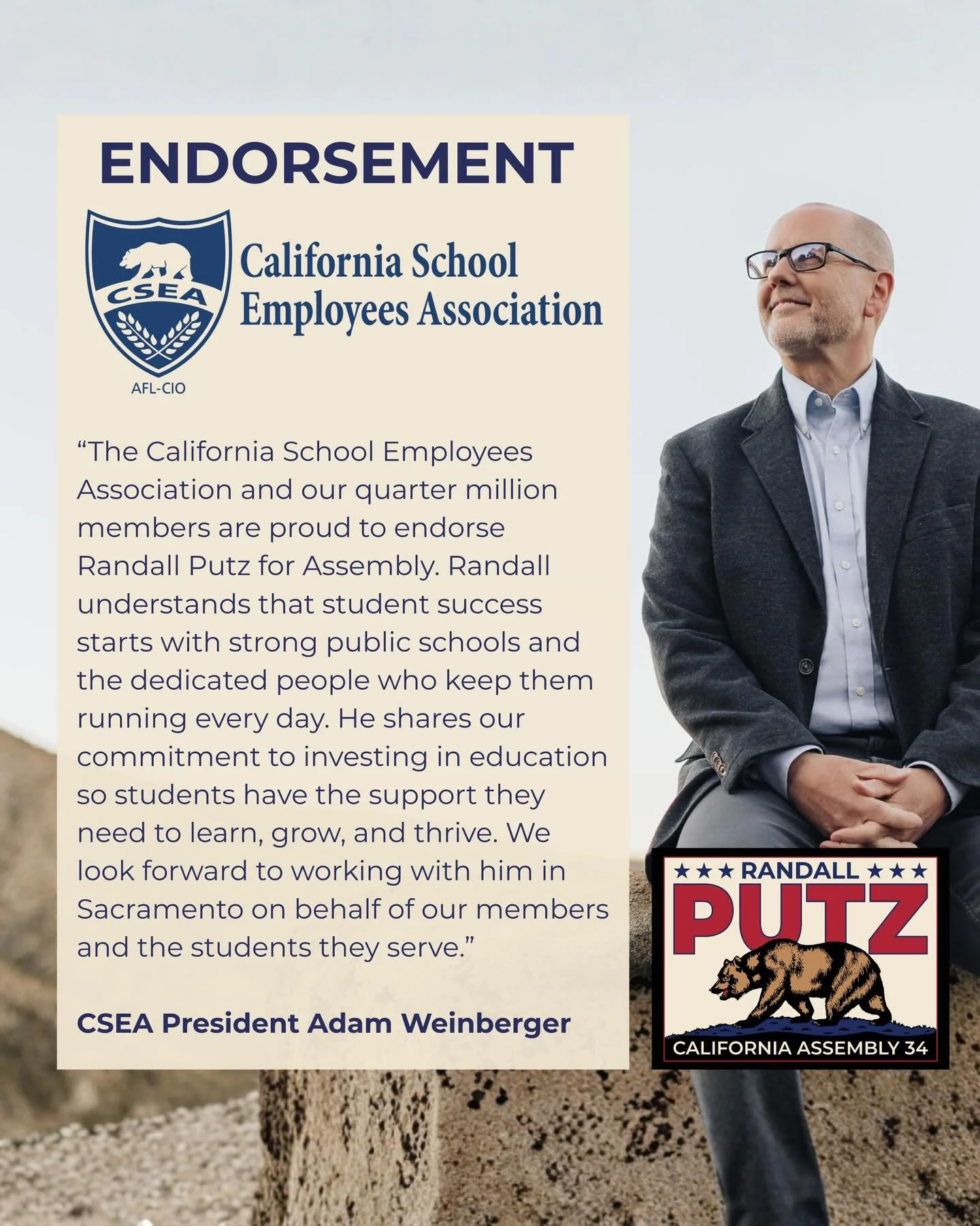 I am proud to have the support of the California School Employees Association, representing the backbone workers of our public school system. Together, we will provide the resources these workers need for a dignified and stable life in California.