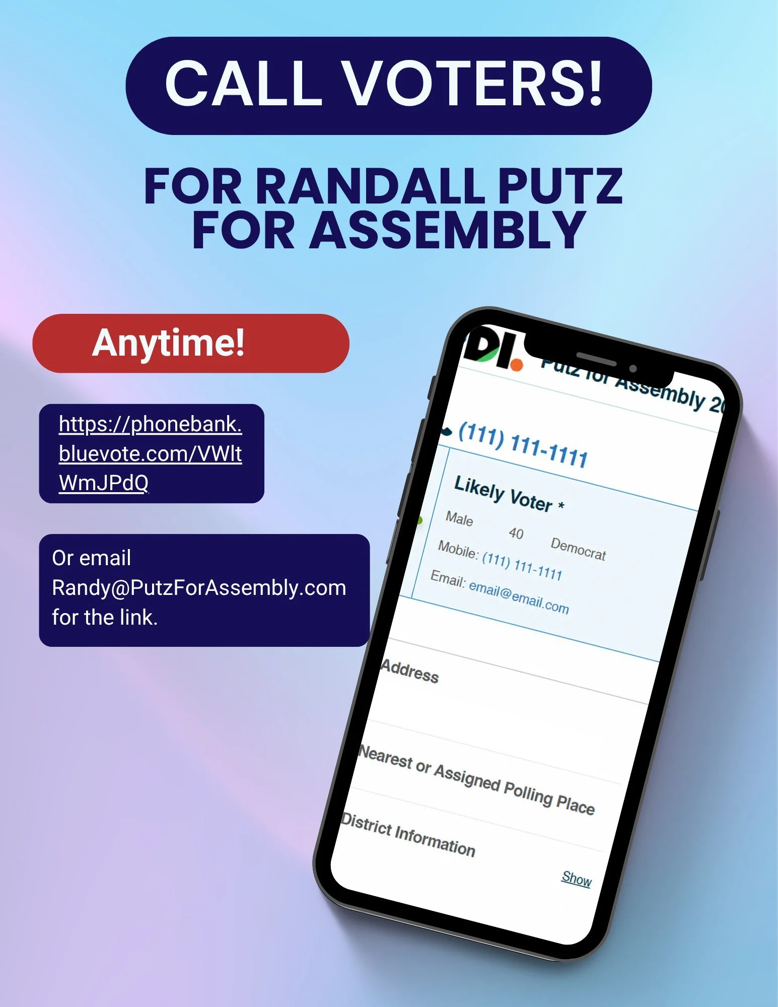 Help us call voters! Ballots just arrived so people are starting to vote. Let's make sure they make an informed decision. 

Email randy@putzforassembly.com for the link.