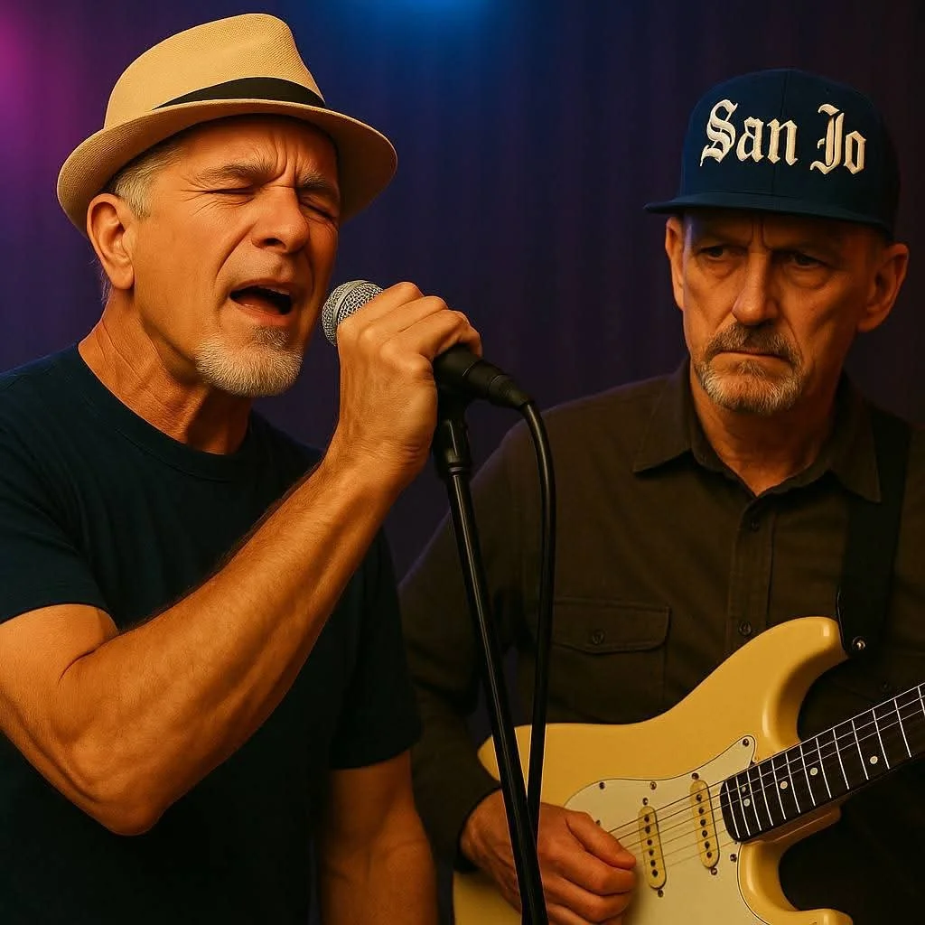 The OGeeZ performing live on stage, featuring a soulful vocalist singing into a microphone and a guitarist playing electric guitar, reflecting the duo’s neo-soul and California groove sound.