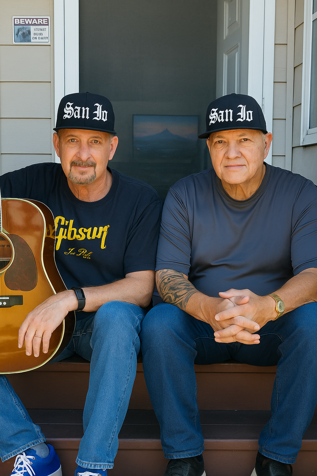 StevieG and L.J. Jay of The OGeeZ, sitting together on a front porch wearing San Jo hats, with an acoustic guitar.