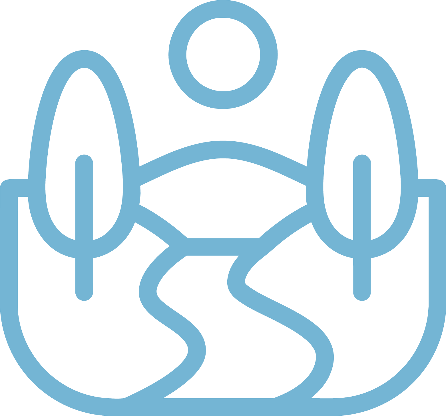 Line drawing of a scenic outdoor landscape featuring two trees, a sun or moon, a winding path, and grassy hills.