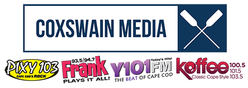 Logos of radio stations and media companies, including Coxswain Media, Pixy 103, Frank FM, VY 101 FM, K-Brew Coffee.