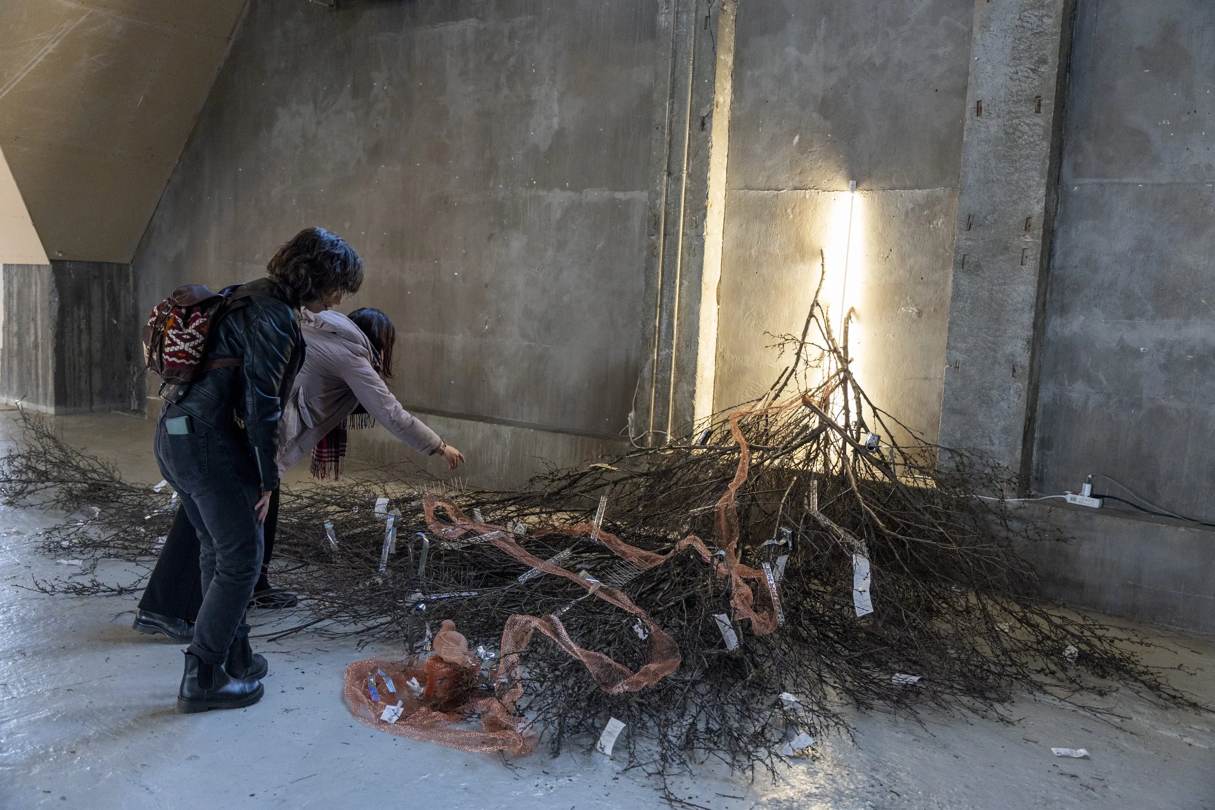Two people examining a large pile of dried tree branches and twigs in an indoor space with concrete walls, with a lighted branch art installation behind them.