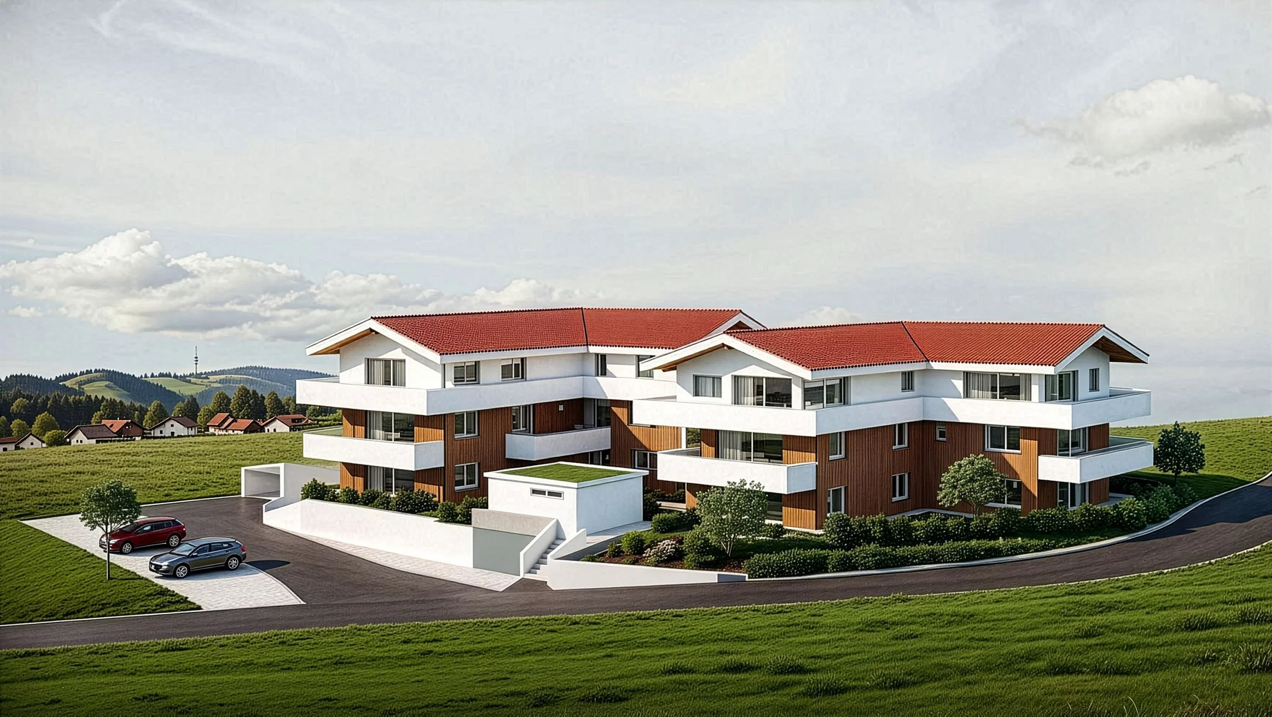 Modernes Mehrfamilienhaus mit weißen und holzverkleideten Fassaden, großen Balkonen und rotem Satteldach. Das Gebäude ist umgeben von Grünflächen, Bäumen, und einer Zufahrt mit Parkplätzen.