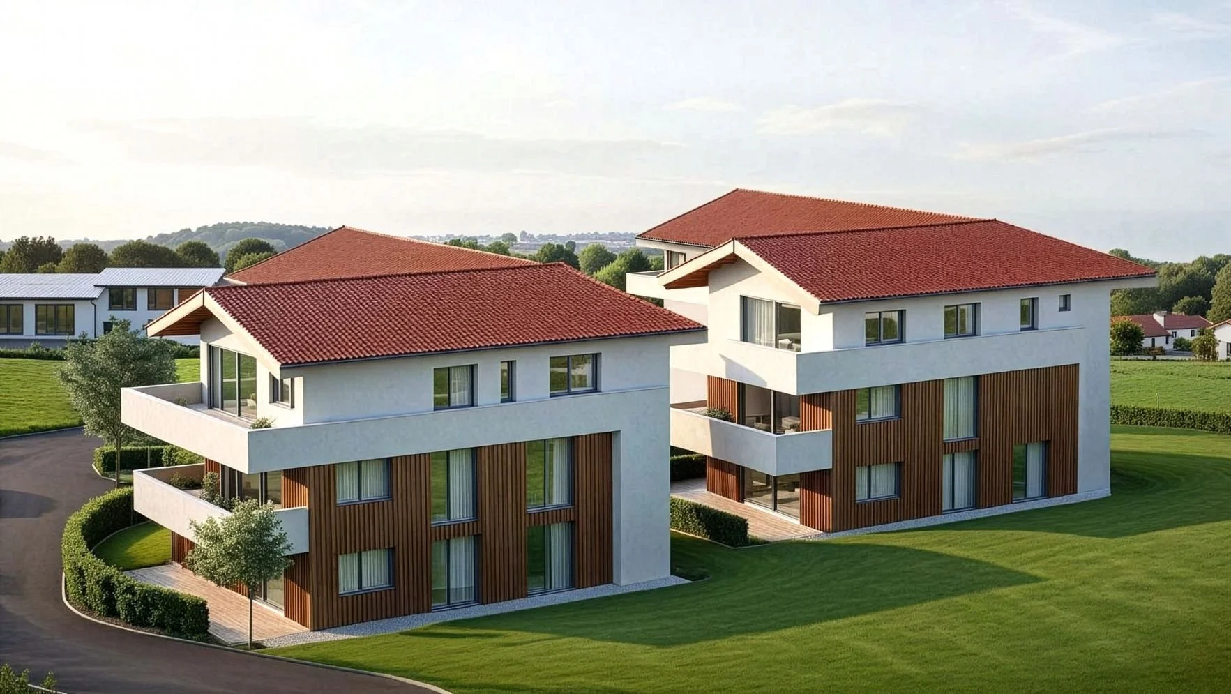 Modernes, mehrstöckiges Wohngebäude mit weißen Wänden, Holzelementen und roten Ziegeldächern, umgeben von grünem Rasen und Bäumen.