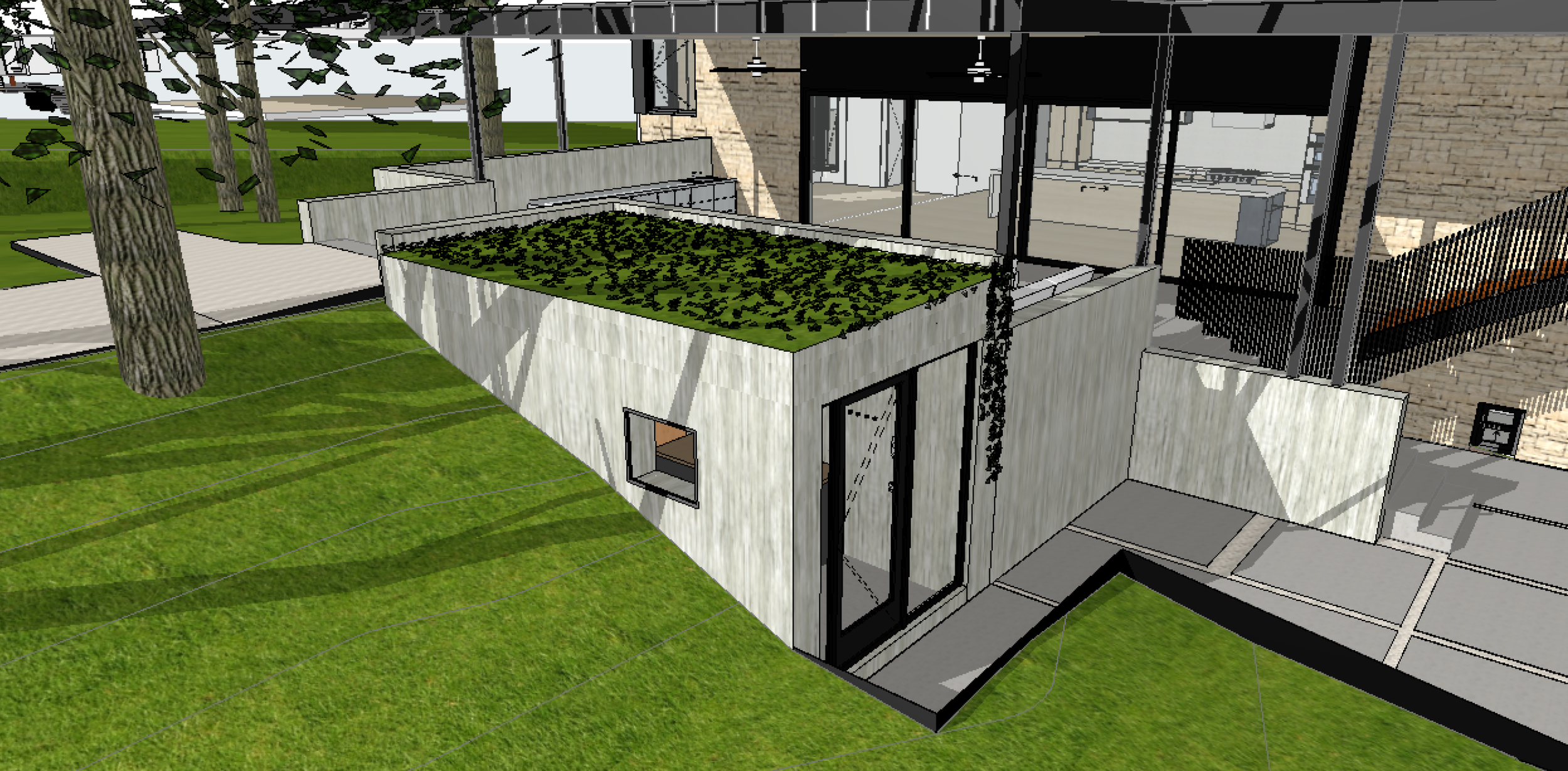 3D architectural rendering of a modern building with a green roof