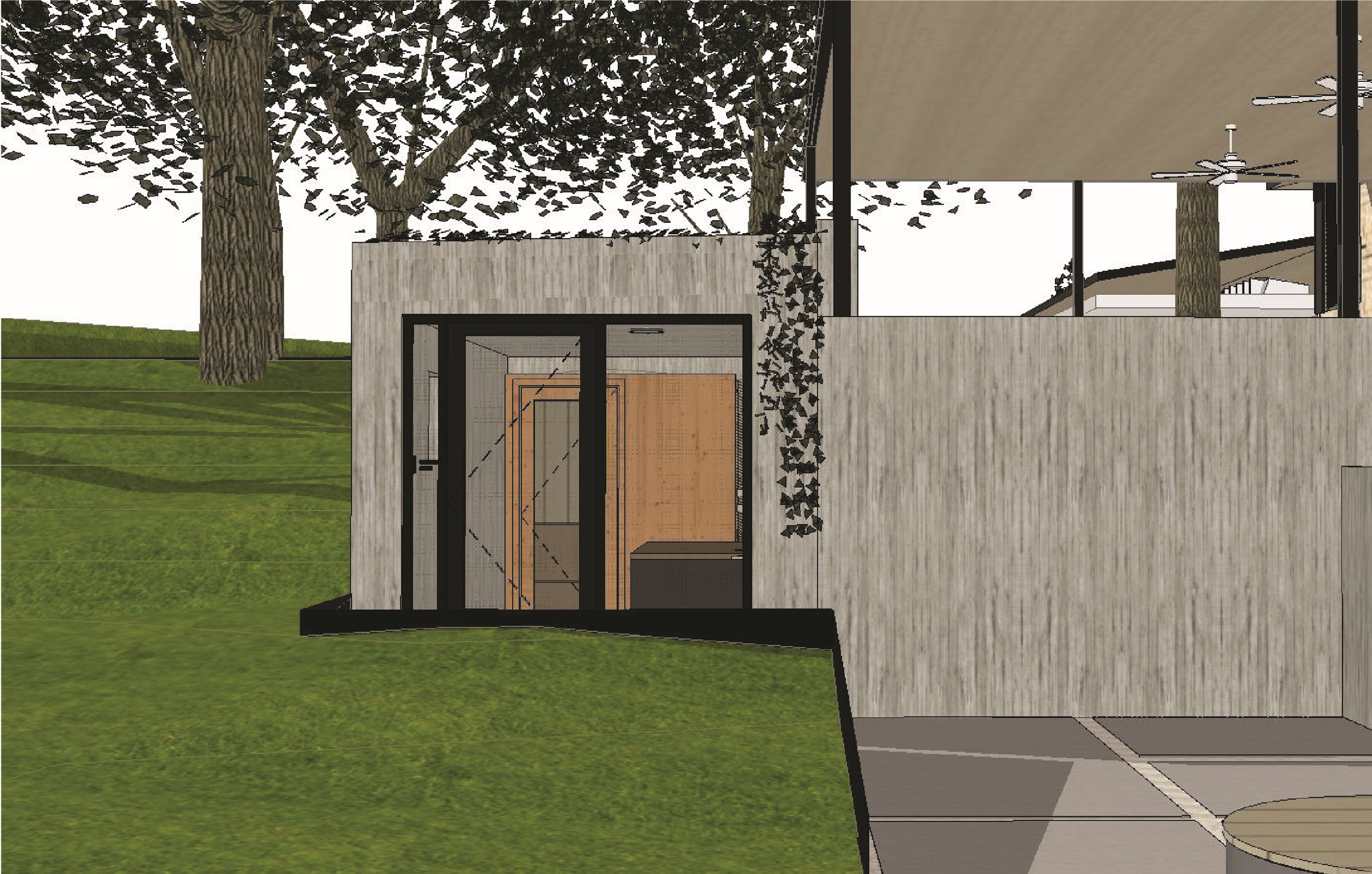 Architectural rendering of a modern building entrance with glass doors, surrounded by trees and greenery.