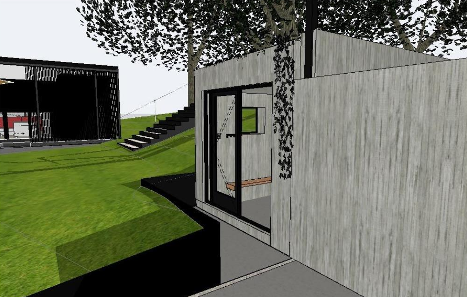 3D architectural rendering of a modern minimalist building exterior with concrete walls, large windows, and black accents, set on grass with stairs leading to a higher level.