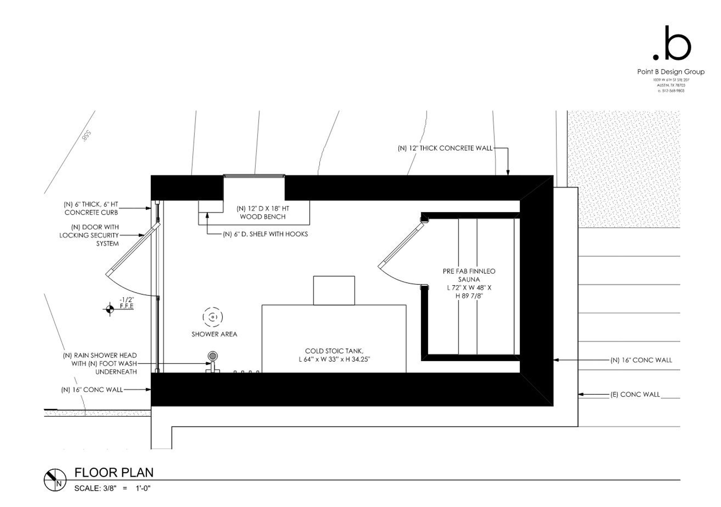 Floor plan of a sauna and shower area with concrete walls, a wooden bench, a shelf with hooks, a shower head, a cold stoic tank, and a prefabricated Finnleo sauna. Includes measurements and a locking security door.