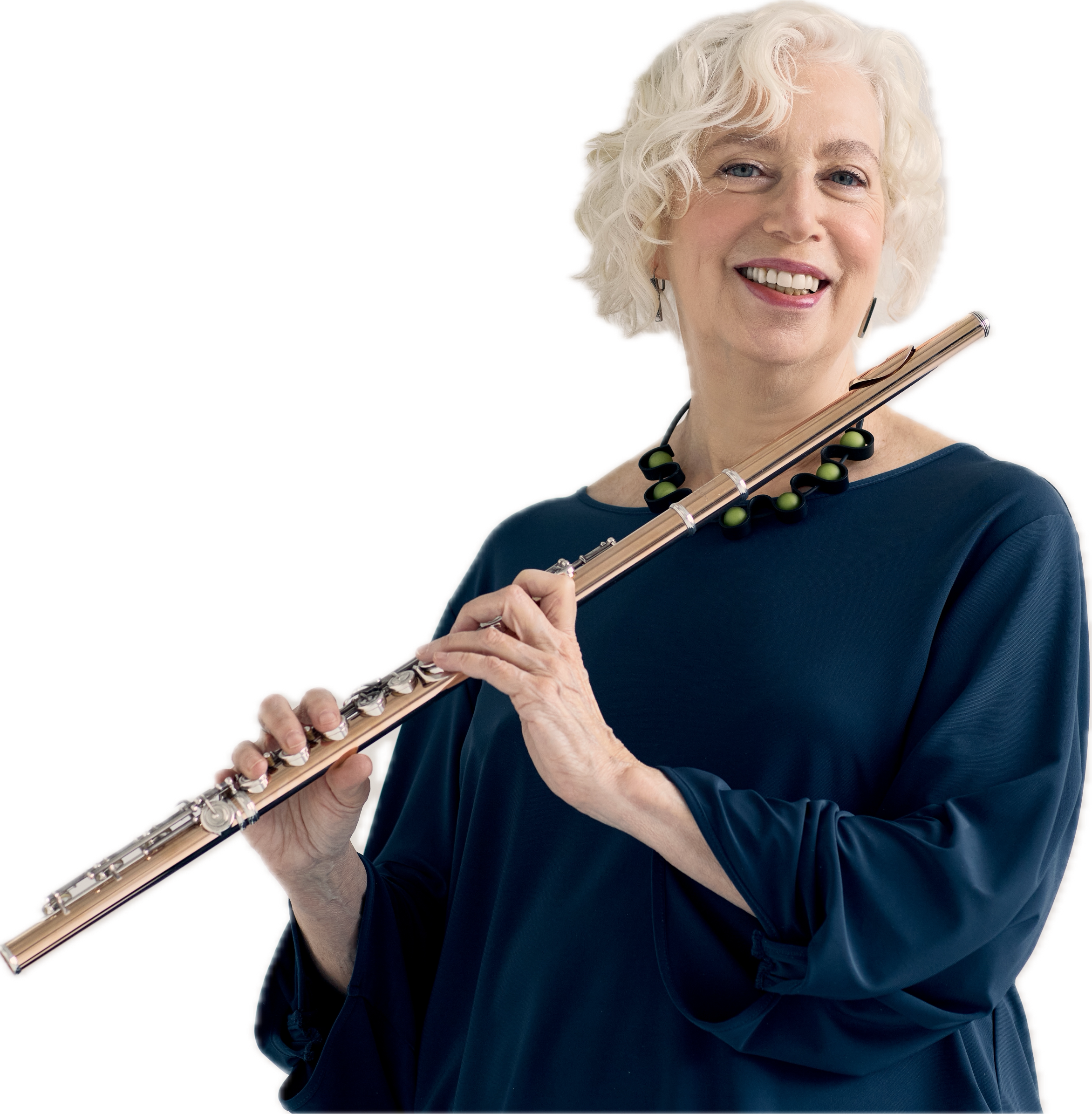 Wendy Stern, performer and educator, dressed in a blue shirt and holding a 14k rose gold Brannen Bros. flute with silver keys