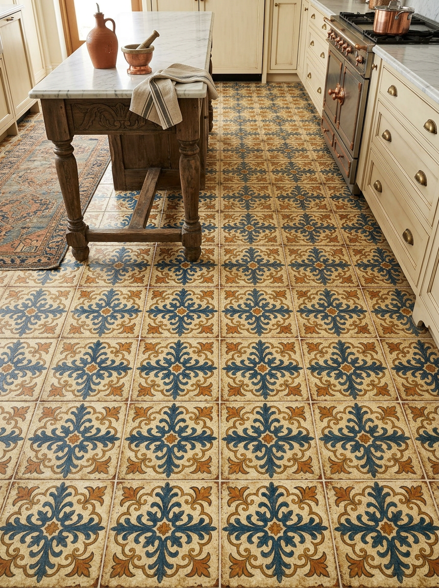 Kitchen with patterned tile floor, cream cabinets, and a vintage stove. There is a wooden kitchen island with a marble top and a striped towel. On the island, there are a brown ceramic jar and a mortar and pestle. Part of a rug is visible on the left side.