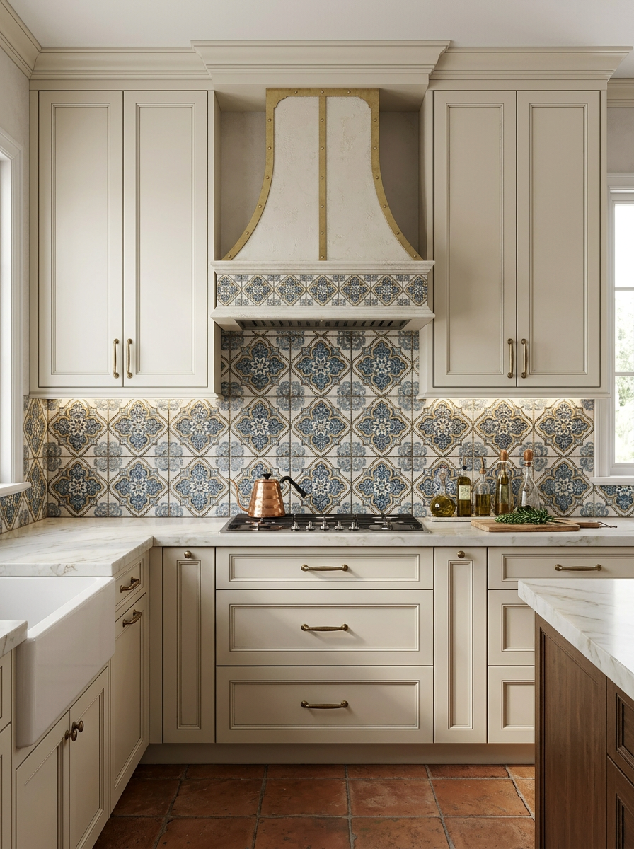 Kitchen with white cabinets, a decorative hood, patterned tile backsplash, and a copper kettle on the stove.