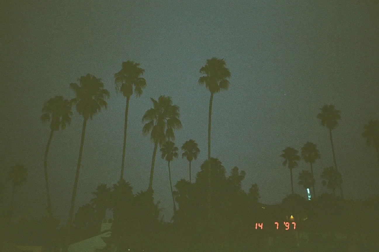 Nighttime scene with tall palm trees against a dark sky, and digital clock displaying date '14 7 97' in red at the bottom.