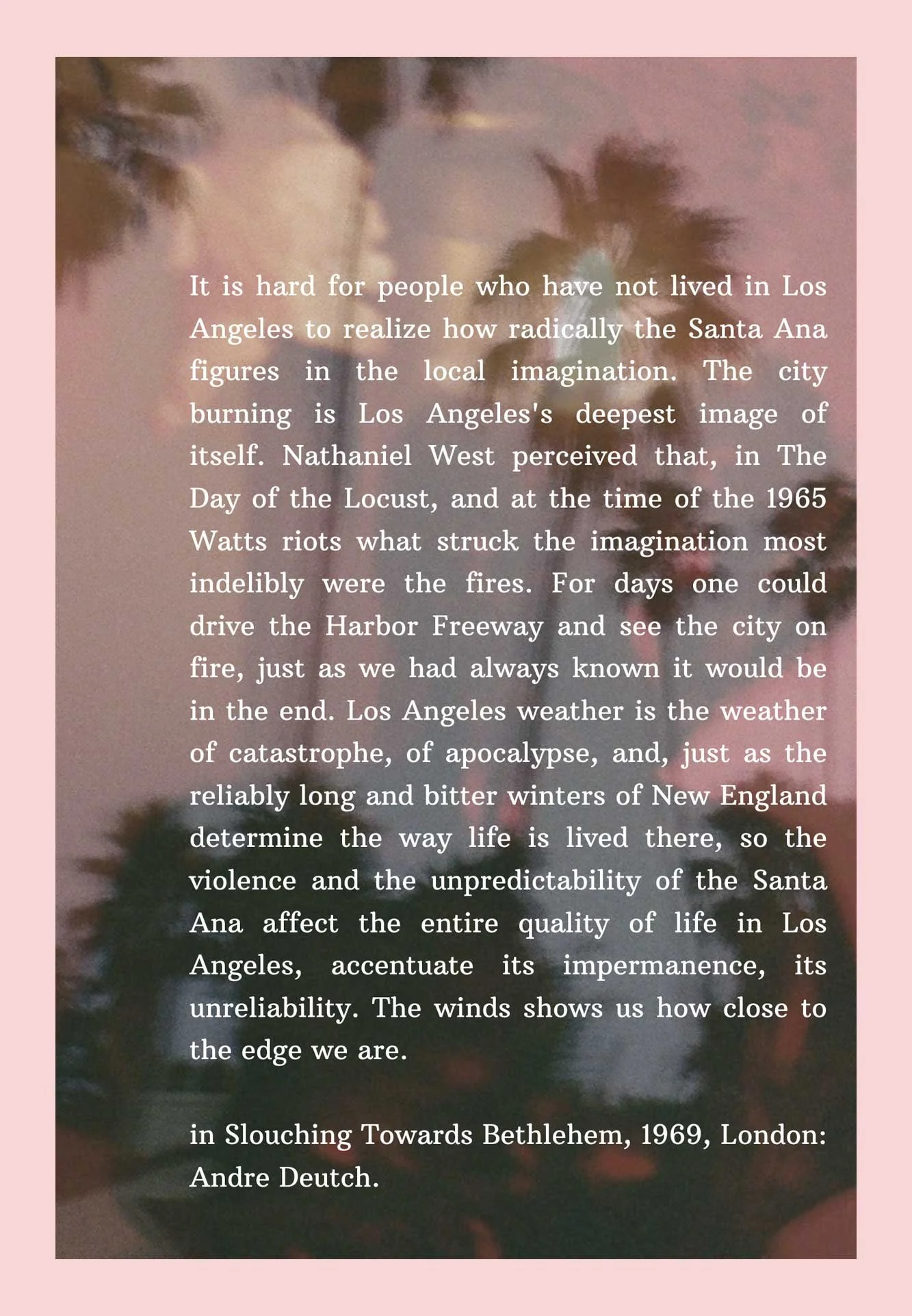 A page from a book with text over a faded image of a person's face with dark hair, the background is pink.