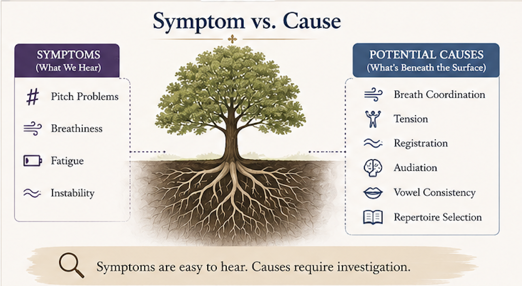 Infographic comparing vocal symptoms and their underlying causes, showing how issues like pitch problems and breathiness may result from deeper technical challenges.