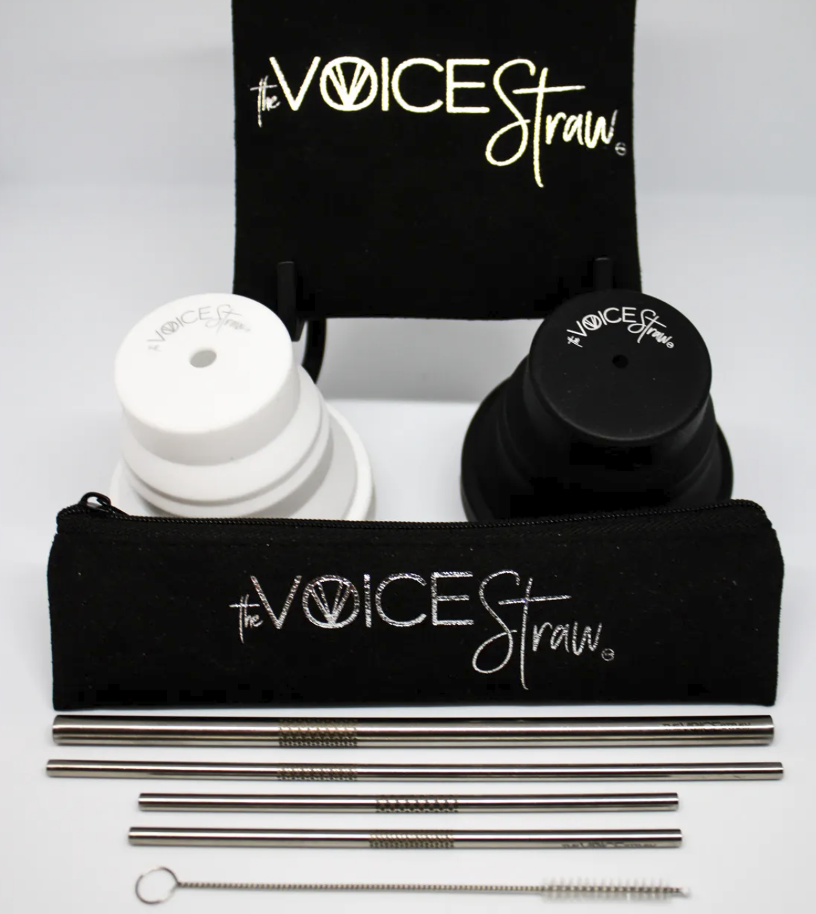 Complete vocal exercise kit with four metal singing straws, bottle adapters, storage pouches and cleaning brush.”