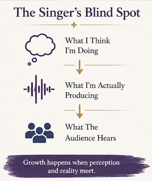 Diagram showing the gap between a singer's perception, their actual vocal production, and what listeners hear.