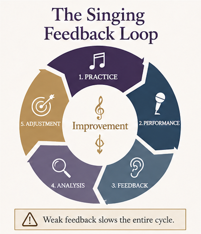 Infographic illustrating the singing feedback loop: practice, performance, feedback, analysis, and adjustment leading to vocal improvement.