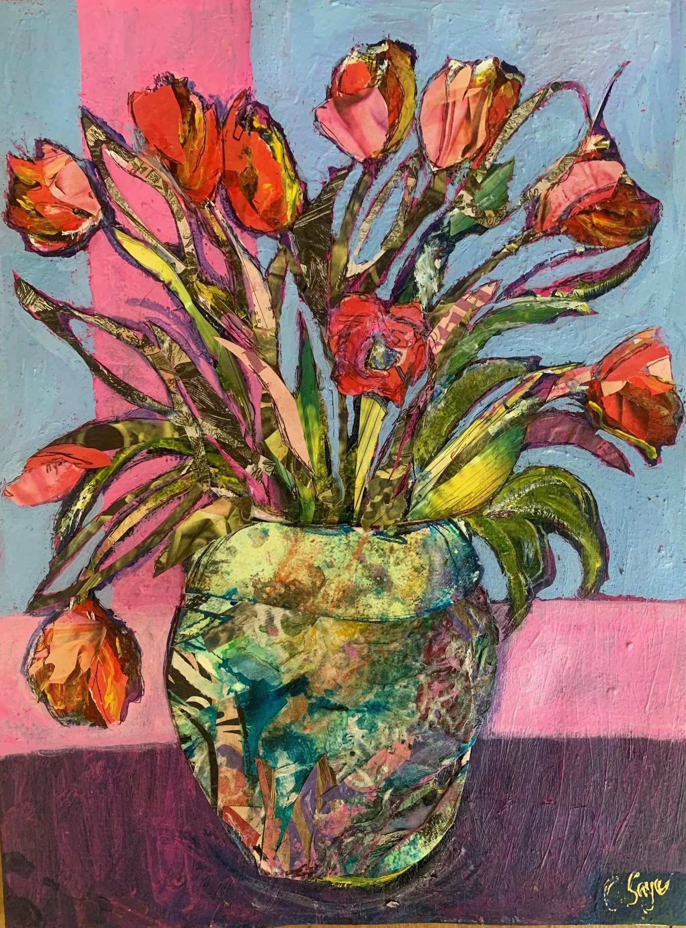 'Red tulips against pink and blue', collage & acrylics, 43x33cm framed £95