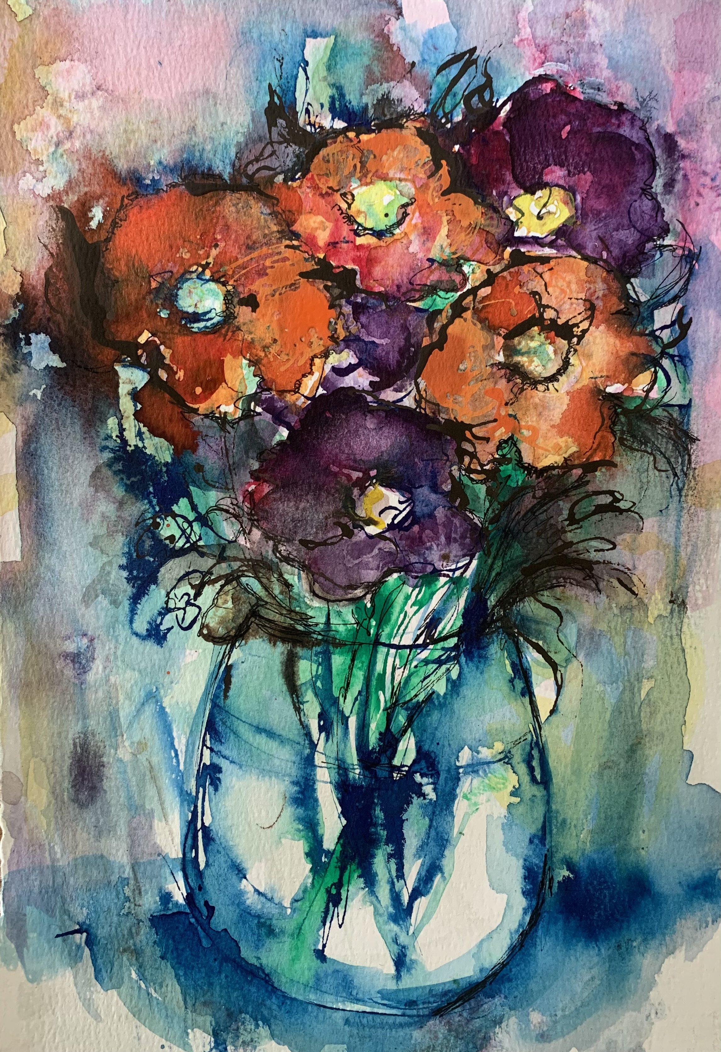 'Summer flowers', watercolours & inks 50x40cm framed £75
