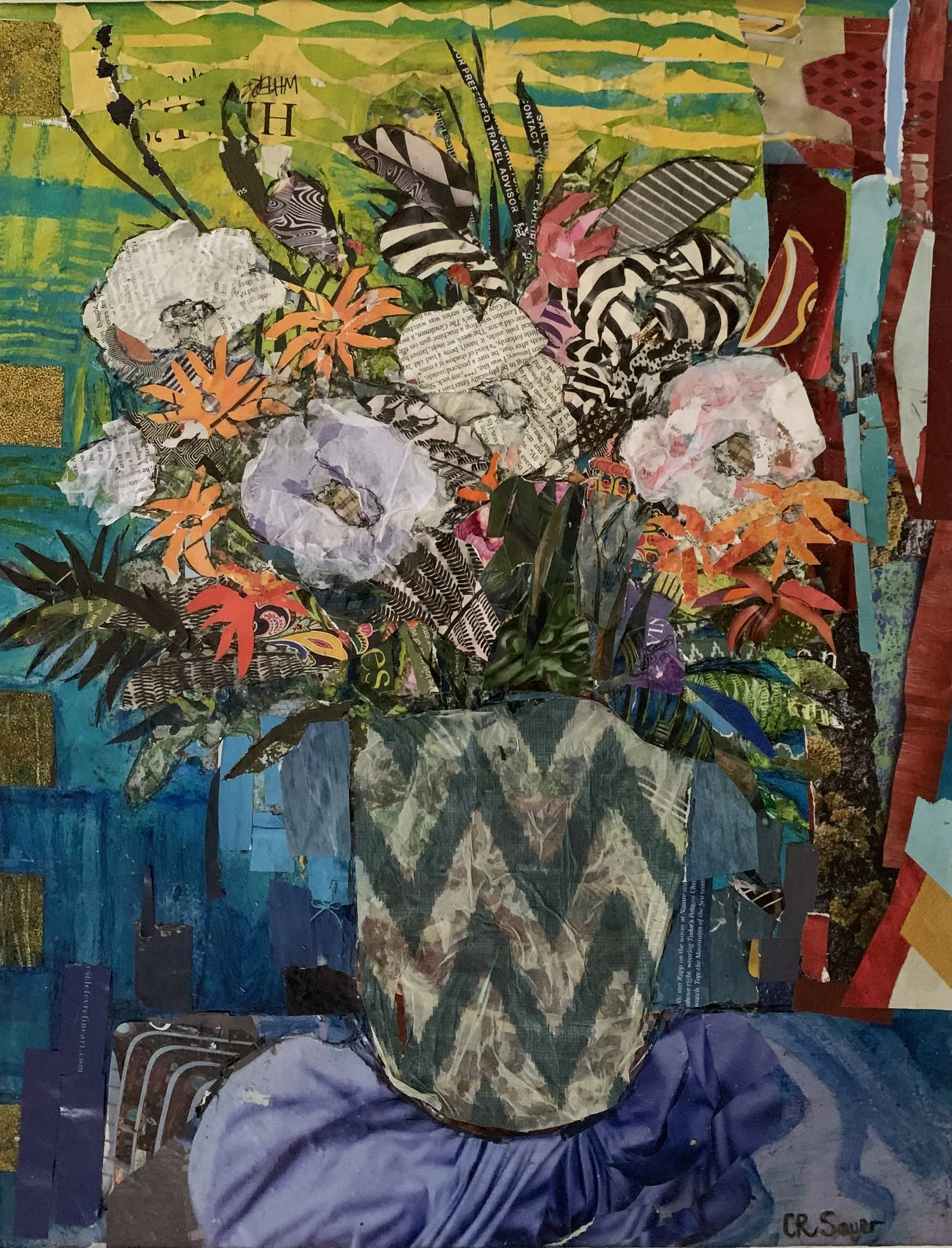 White flowers in patterned vase.  Collage, 70x50cm framed, £225