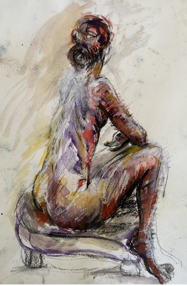 Seated figure, yellow and red, 70x50cm (framed) £125