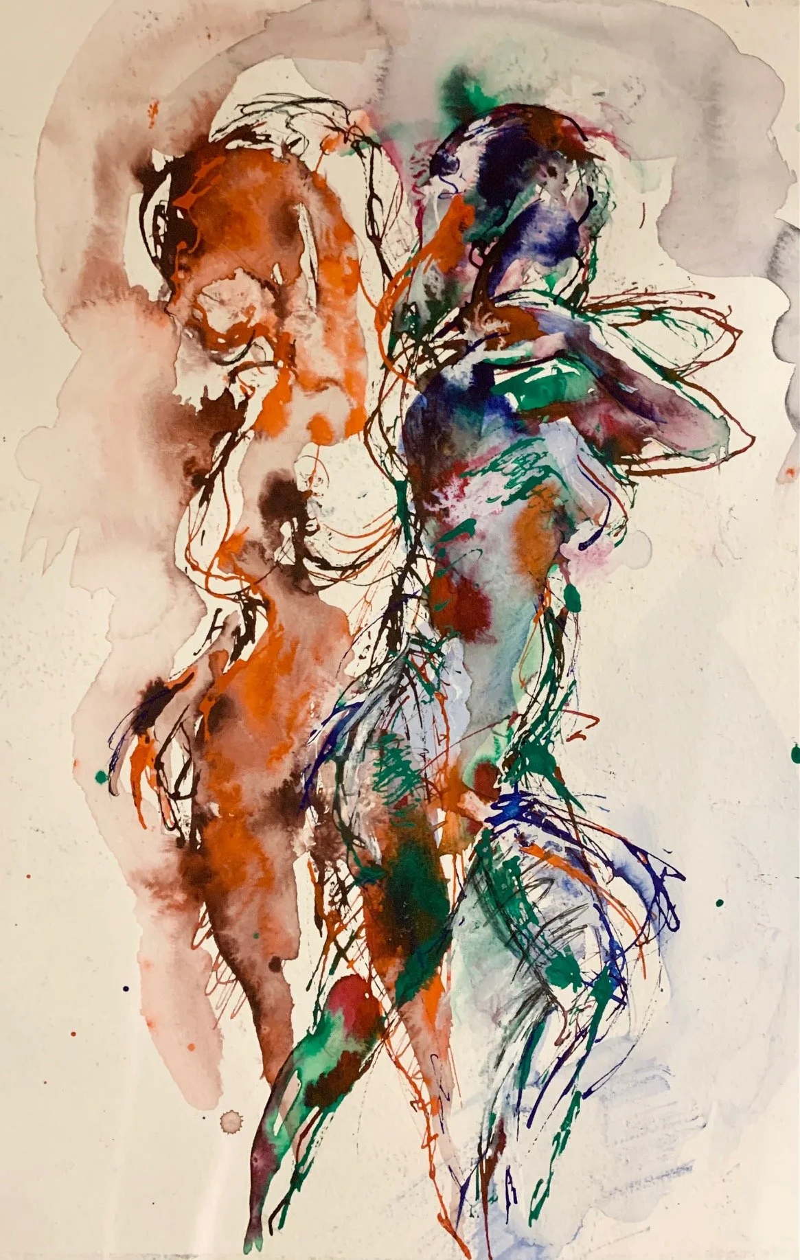 Two figures, greens and orange