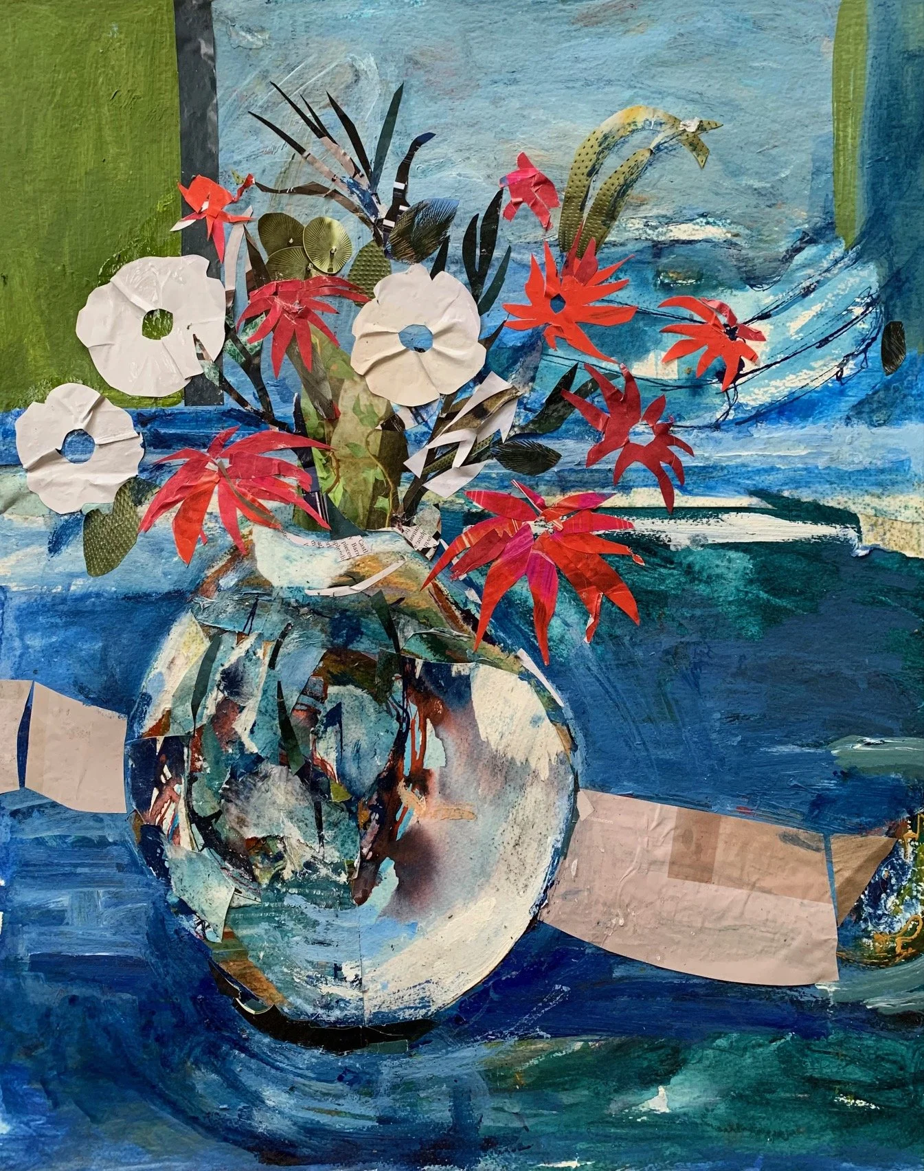 Flowers against blue, collage & acrylics, 60x50cm £165