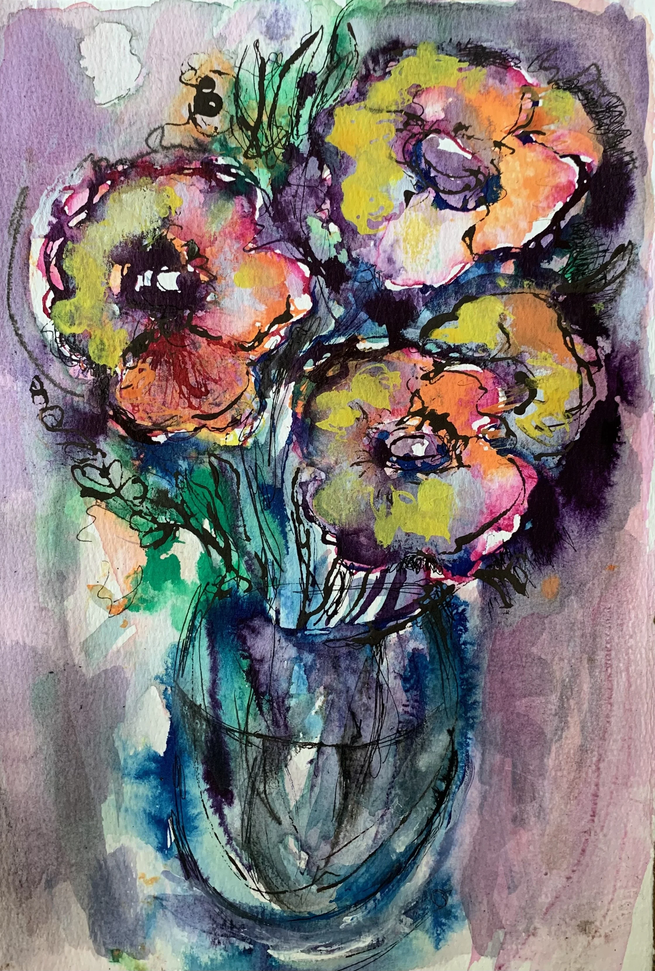 'Flowers in a blue vase', watercolours & inks 50x40cm (sold)