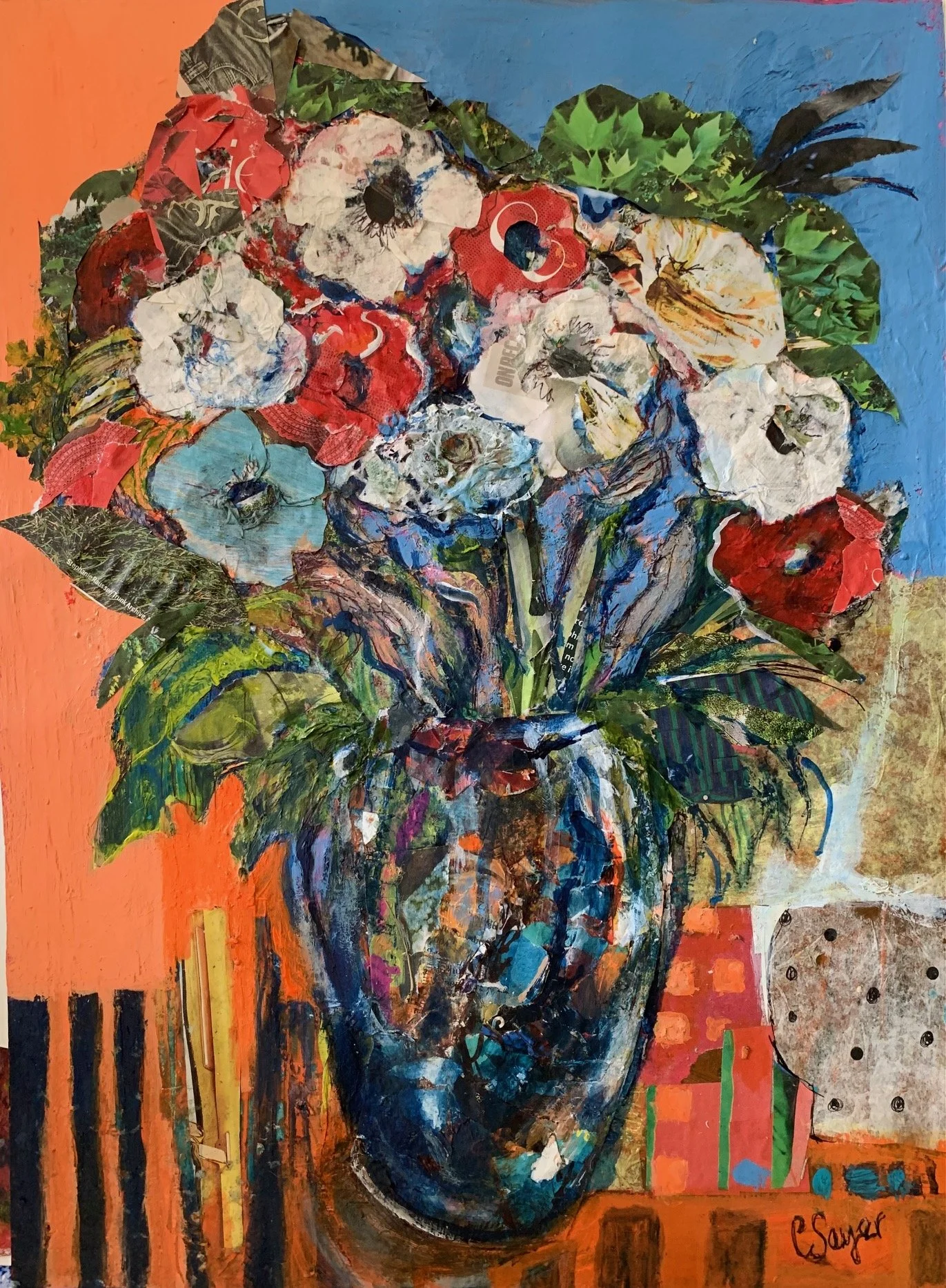 'Flowers on striped cloth' collage & acrylics, 43x33cm, framed £95