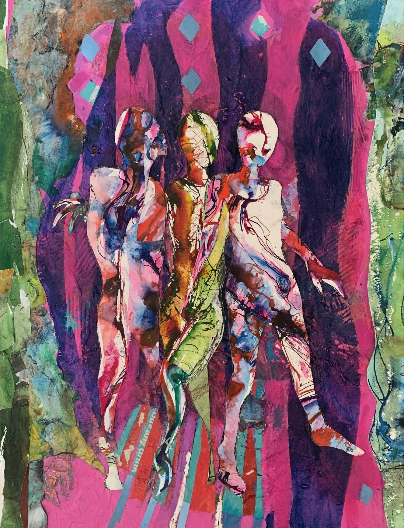 'Three figures against pink and blue', collge, 70x50cm (framed) £195