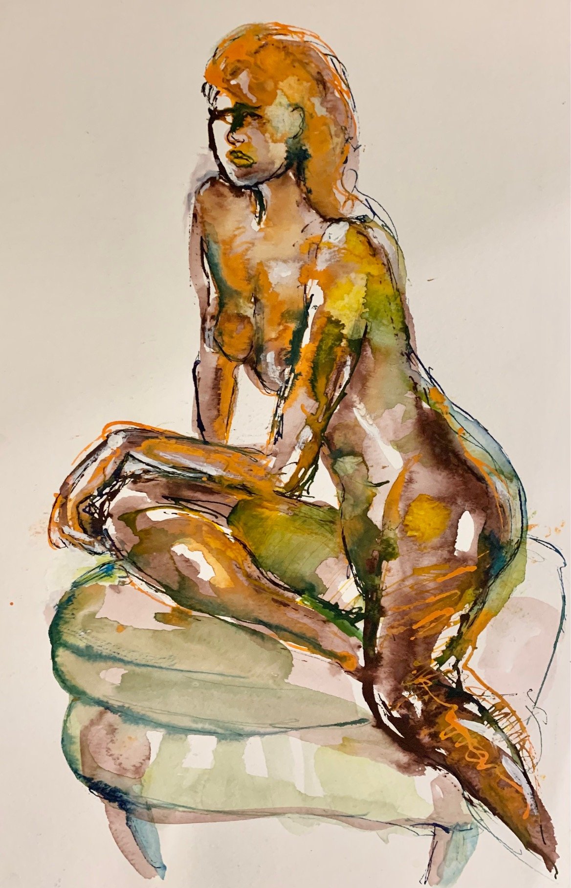 Seated figure, using orange and sepia