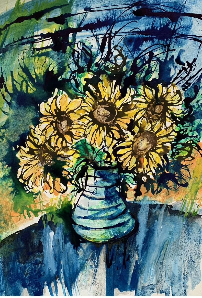 'Sunflowers against blue', watercolours & inks 50x40cm framed, £75