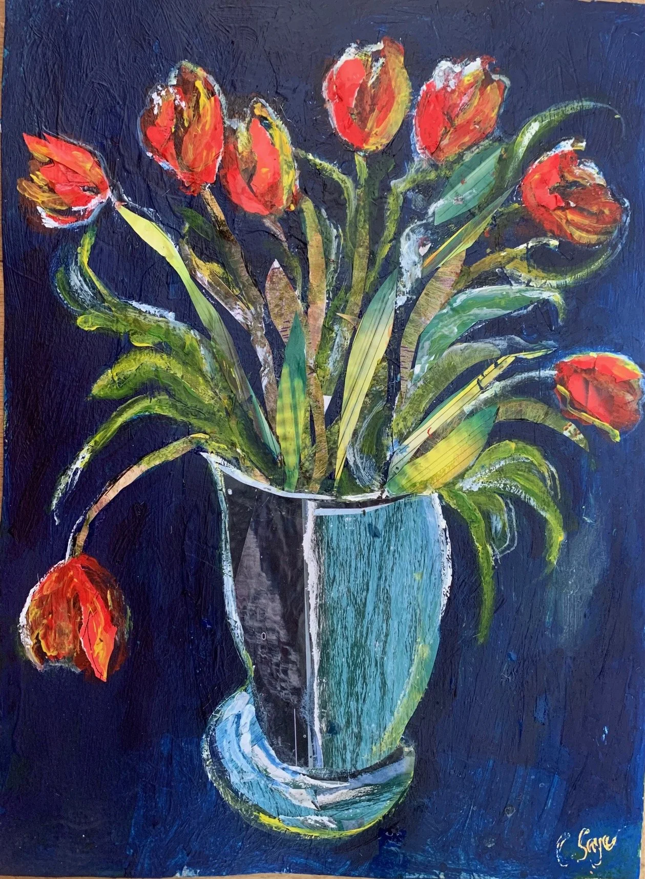 Tulips against blue, collage & acrylics, 45x35cm £65