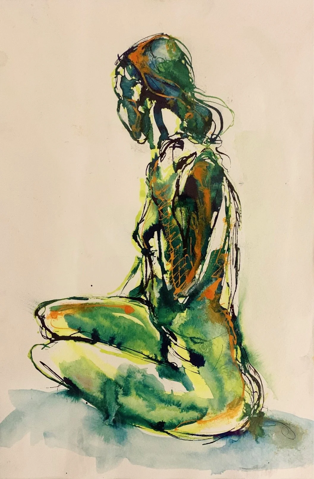 Seated figure, splash of orange