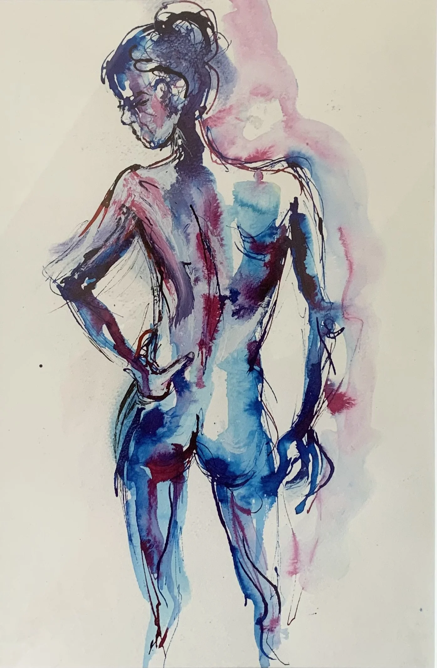 'Standing figure, blues & reds'