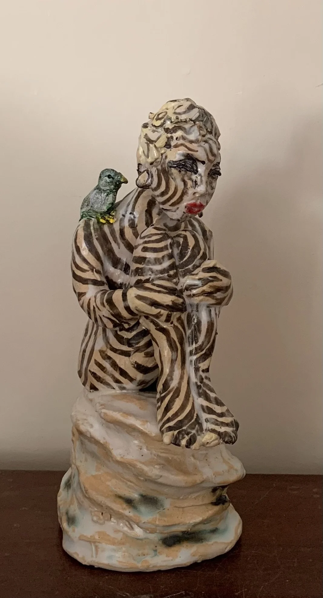 'Girl with the blue parrot', stoneware clay with underglazes and glazes  (sold)