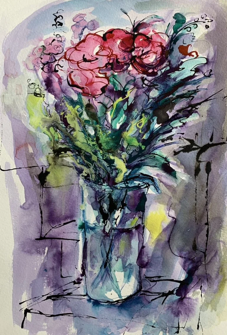 'Red flowers',  drawing using inks and watercolours, 50x40cm (framed) £75 (sold)