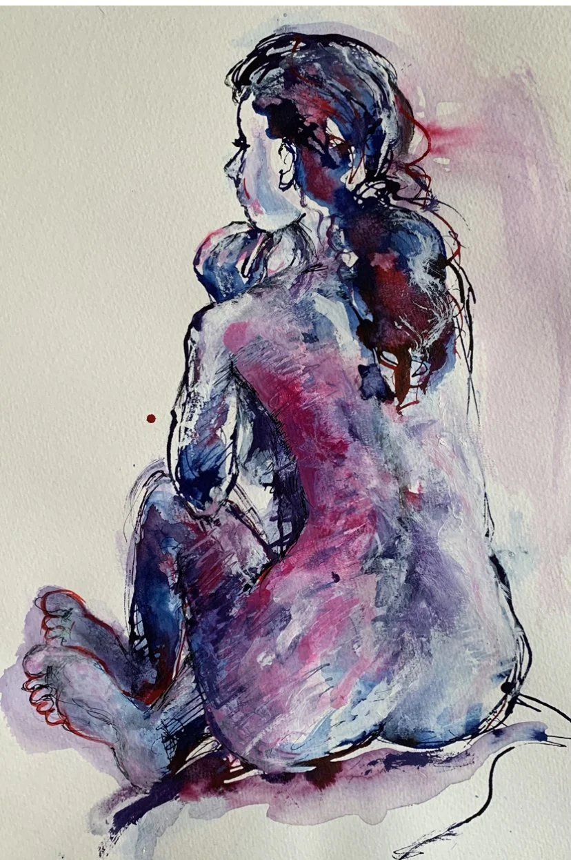 Seated figure, lapis blue and red