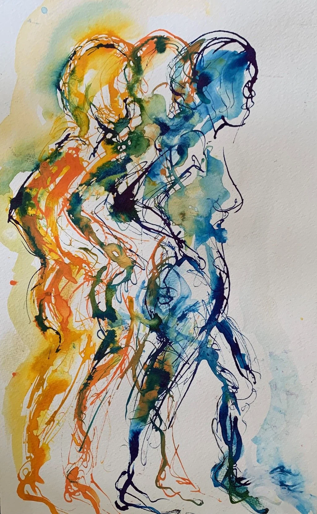 Moving figure, blues & orange