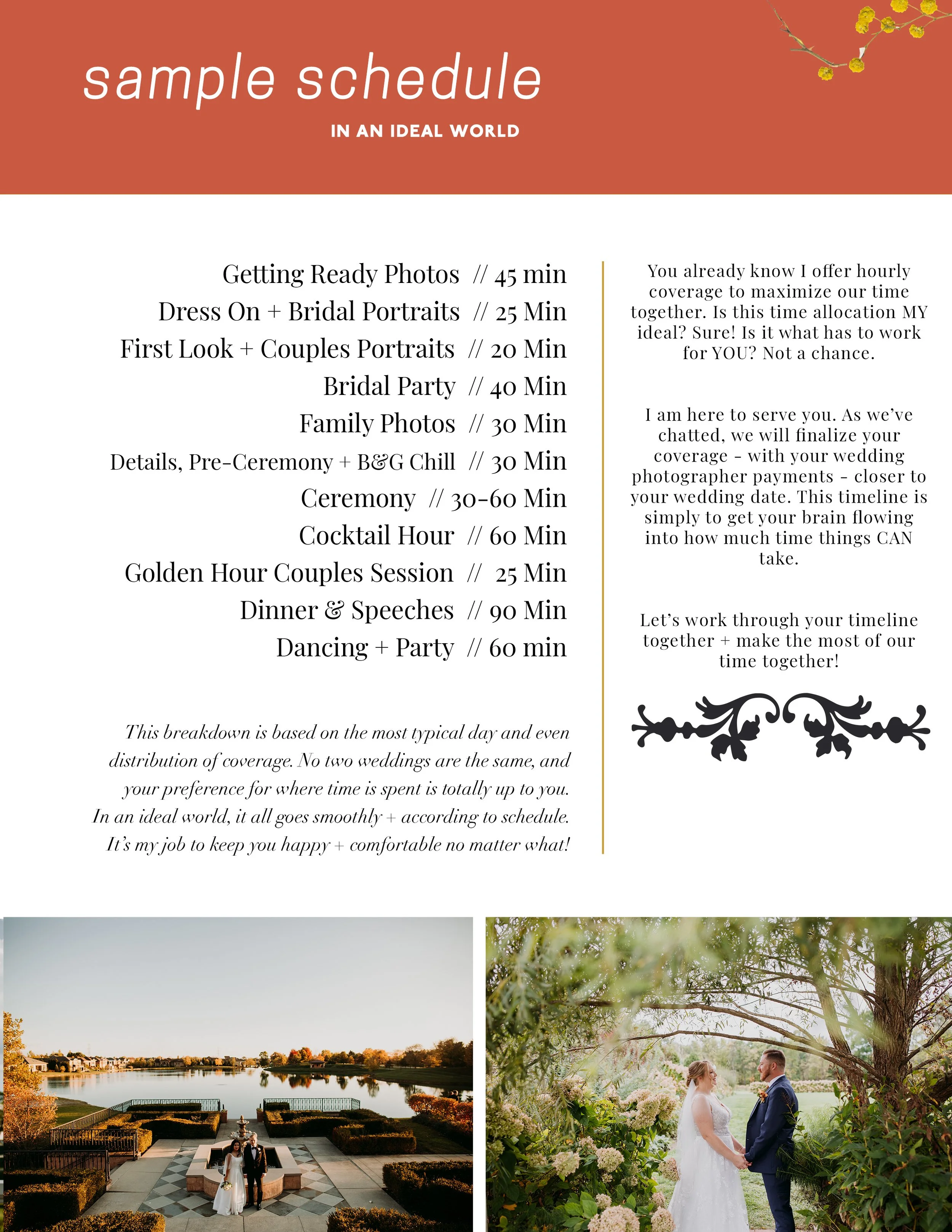 Schedule for wedding photography including times for photos, party, family, ceremony, cocktail hour, dinner, speeches, and dancing, with a scenic outdoor wedding photoshoot at sunset.