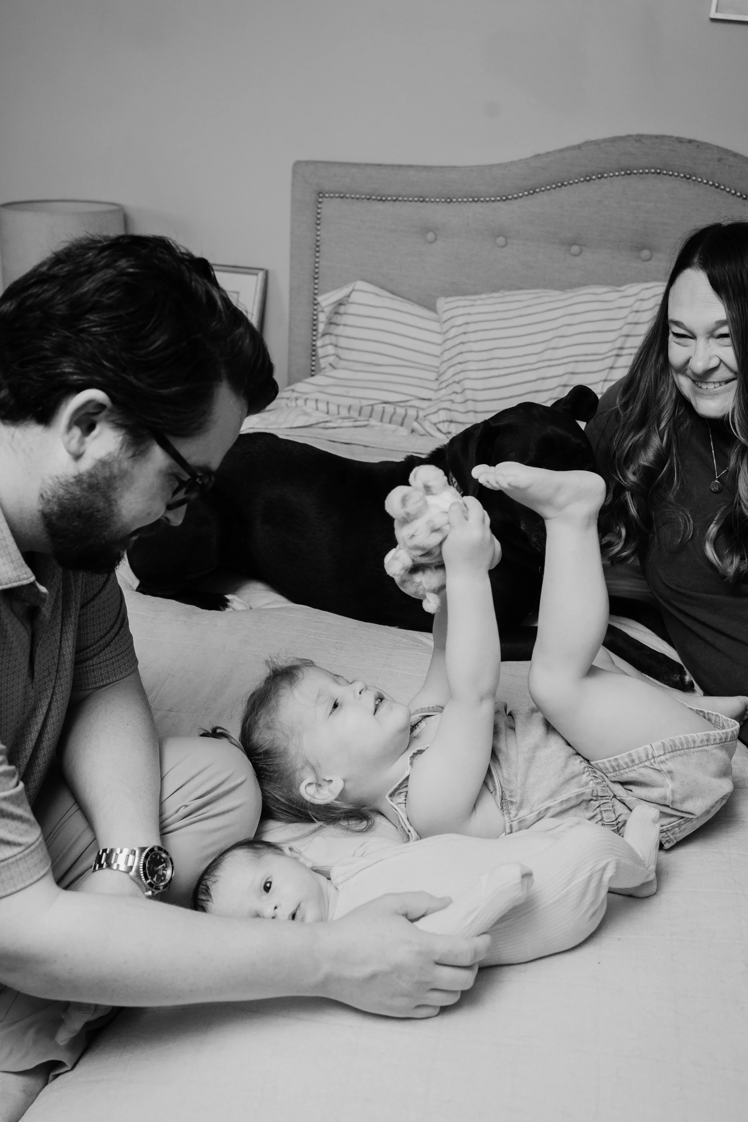 A family playing with a dog on a bed, with a young child holding a stuffed animal, in a cozy bedroom.