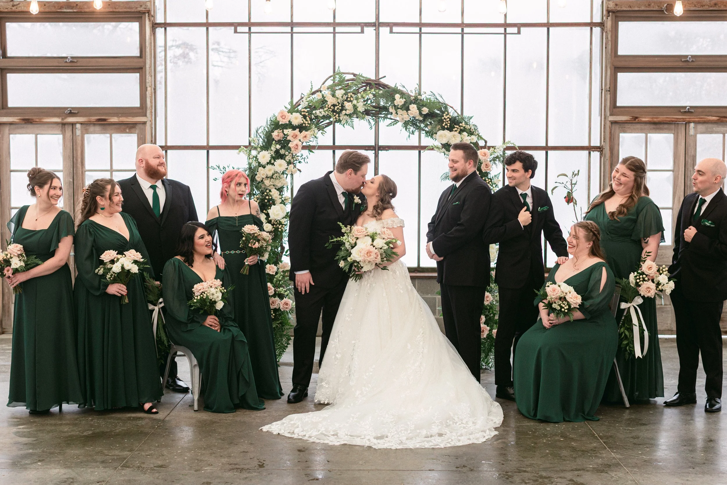 bridal party in the greenhouse at Oak Grove at Jorgensen Ohio wedding venue by Jessica Love