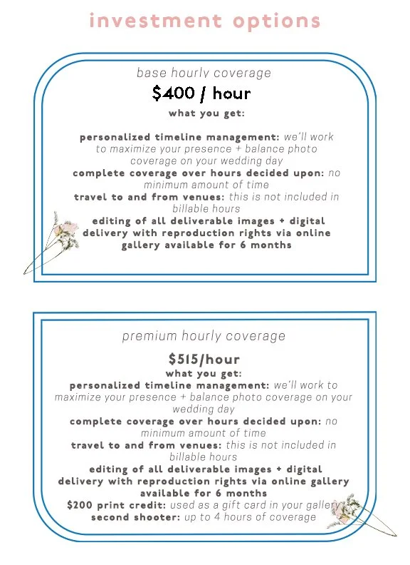 Image comparing standard and premium hourly photography coverage options, including pricing, features, and additional services, with floral accents in the corners.