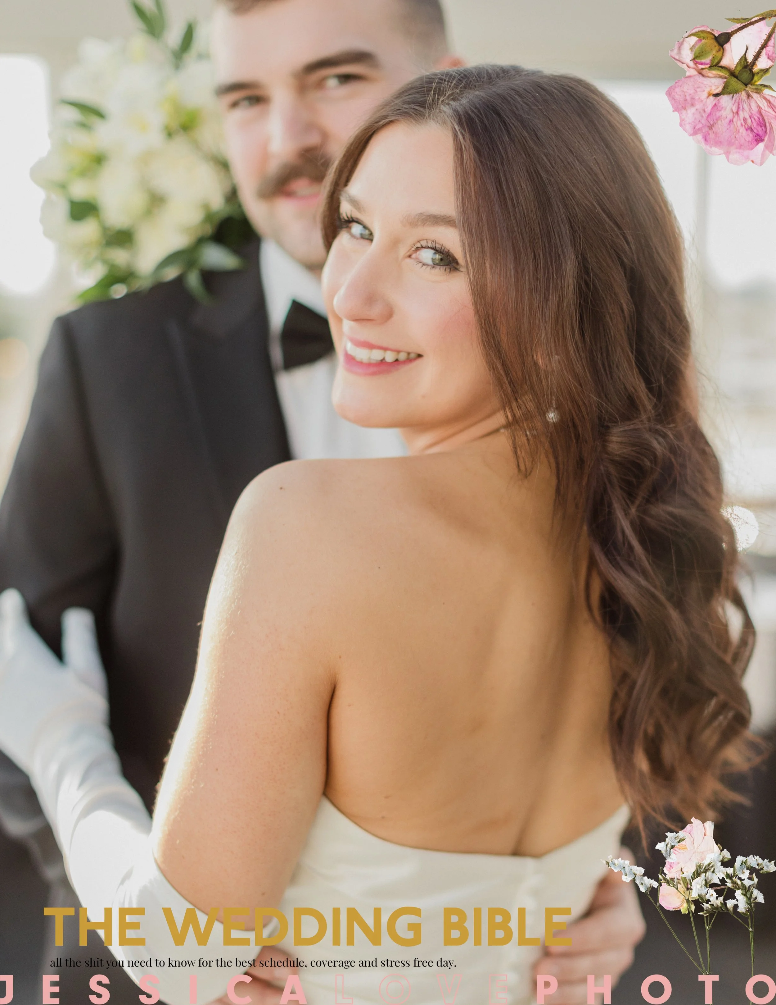 A smiling bride with brown hair and a strapless white wedding dress, and a groom with a black tuxedo and bow tie, standing together during their wedding celebration.