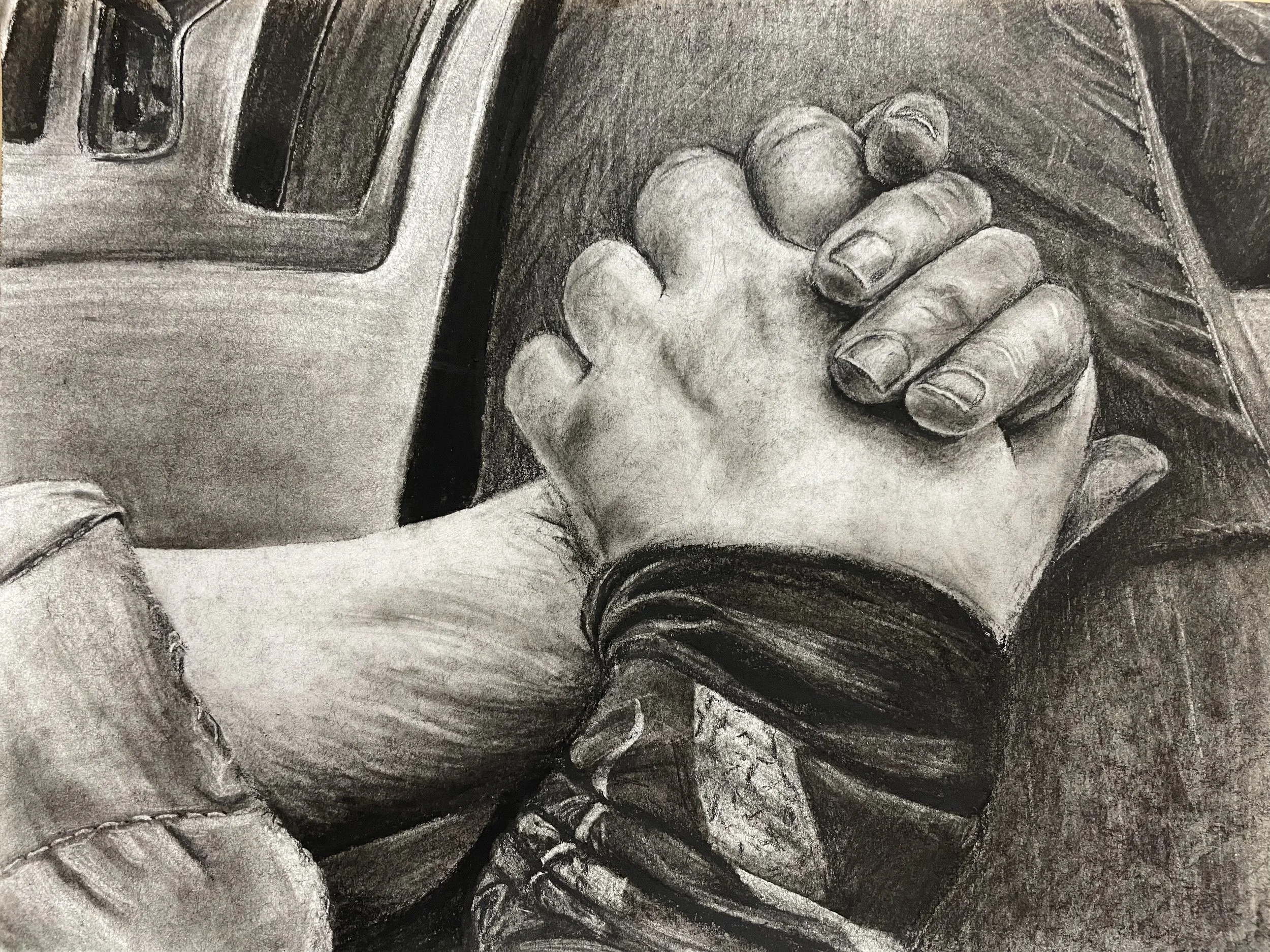 “Untitled #14”, 2026. Charcoal on paper, 9 x 12 in.